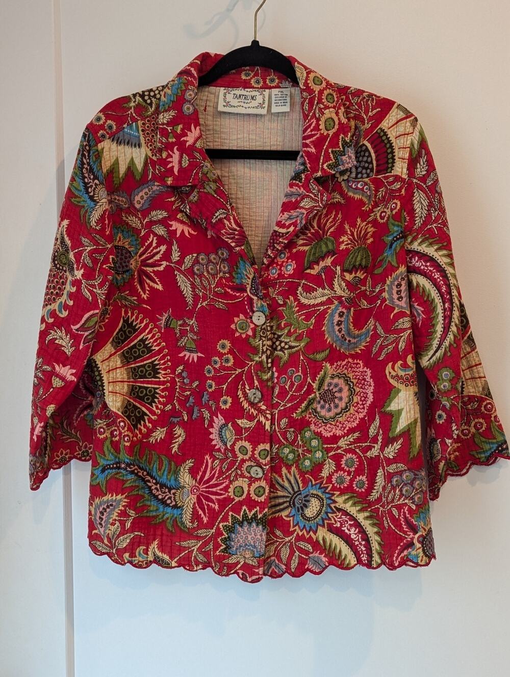 Tantrums Ladies PXL Red Floral Button Up Jacket Blazer Scalloped Edges Cottage
